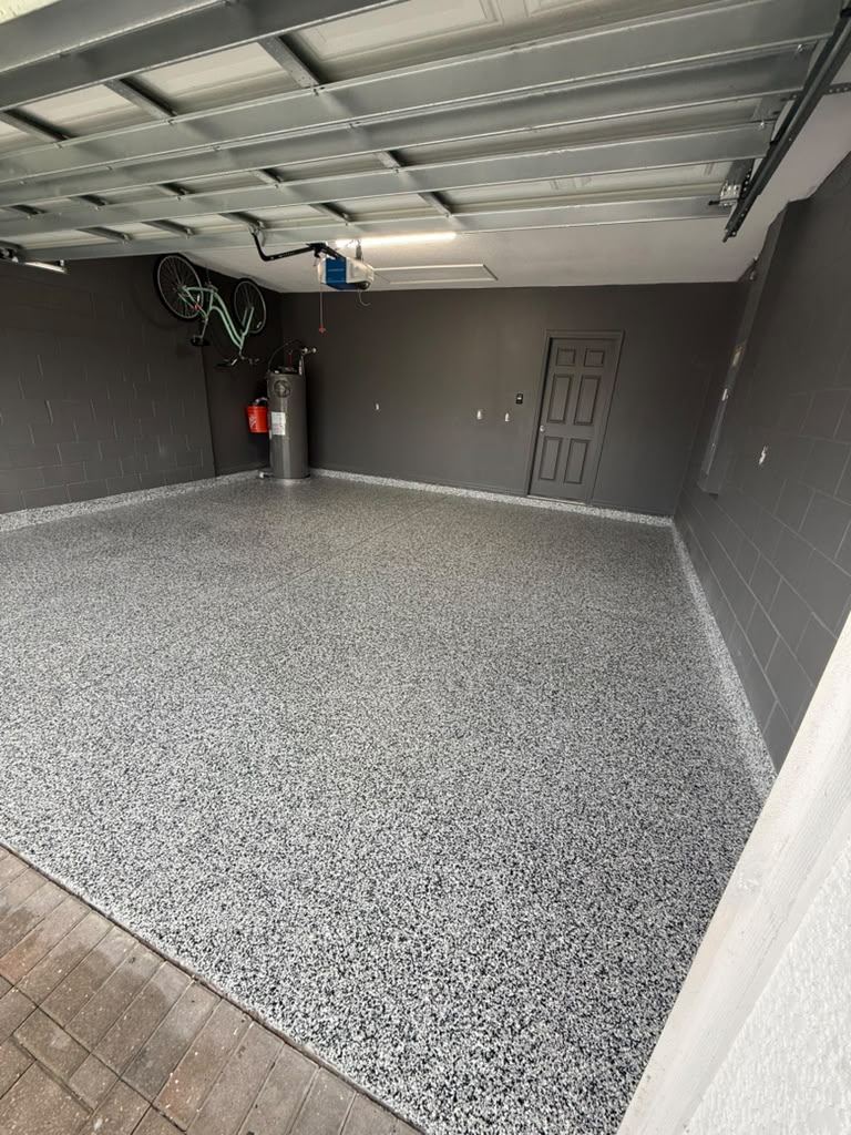 Garage interior with grey flake flooring